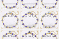 Nine 14K gold plated evil eye bracelets displayed on white 'The Evil Eye' gift cards, each with blue evil eye charms on a gold-tone chain.
