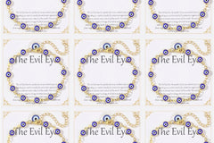 Nine 14K gold plated evil eye bracelets displayed on white 'The Evil Eye' gift cards, each with blue evil eye charms on a gold-tone chain.