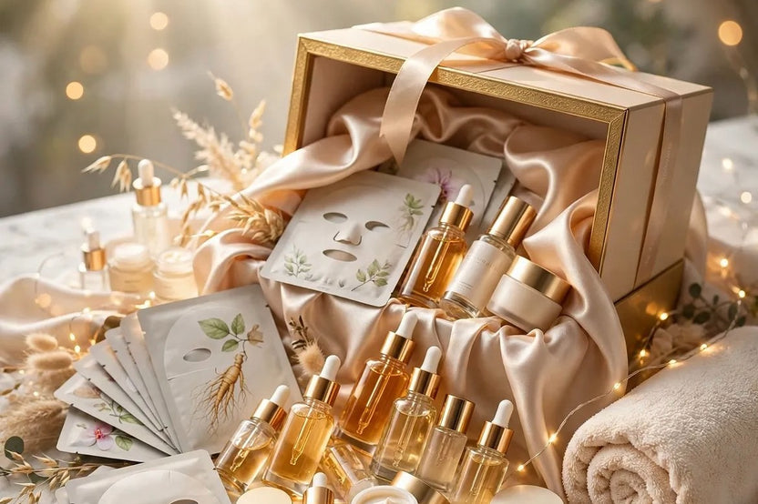 gift box overflowing with premium korean skincare products and tools in a cream and gold themed with gold silk ribbon