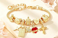 Hearts on Fire Gold Charm Bracelet — Ruby Gemstone Heart, Gold Cross & Angel Charm Friendship Bracelet, Gift for Her
