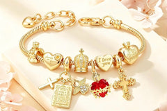 Hearts on Fire Gold Charm Bracelet — Ruby Gemstone Heart, Gold Cross & Angel Charm Friendship Bracelet, Gift for Her
