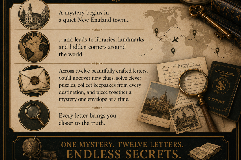 Cozy mystery letter subscription with interactive story, puzzles, premium tea, and collectible snail mail for book lovers.