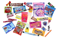 So many candy treats will be included each month.  This shows a flat lay out of some examples like M&M peanut, bottlecaps, Laffy Taffy, etc.
