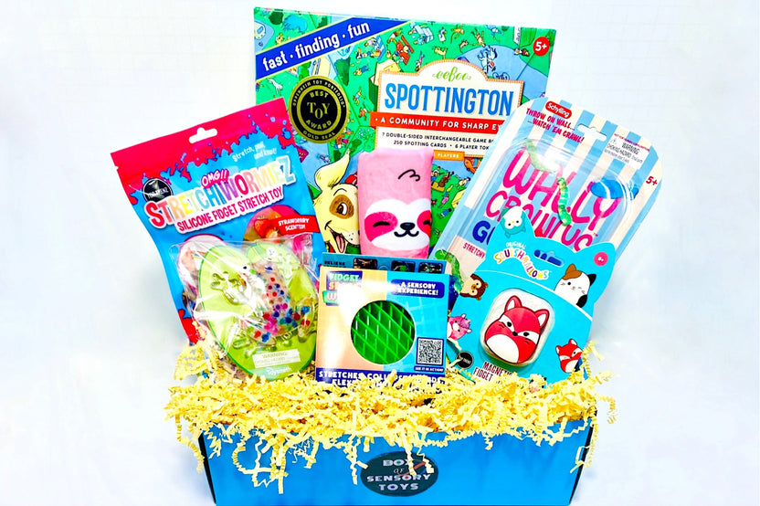 Eeboo Spottington board game, wally crawls, stretch frog stretch caterpillar, top trenz squish mallows, kinetic sand, extreme twiddle fidget