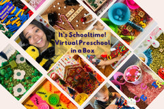 Collage of sensory bin material items, including various themed props and preschool learning materials.