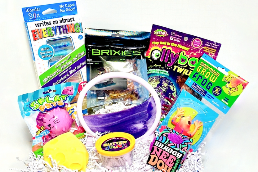 School Sensory Box with Grow frog, Butter dough, Squish cheese, Splat pet, Needoh, Brixies Sloth, Olly Ball, Wonder Stix, SandShifters