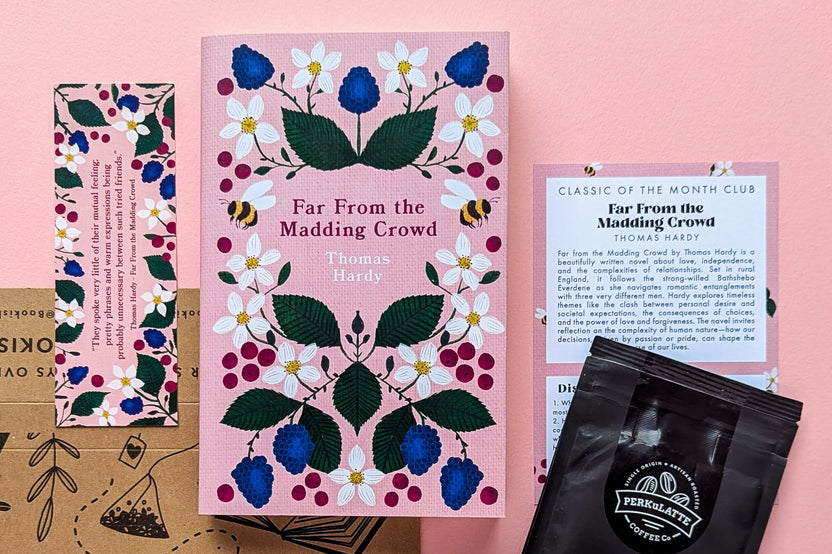 A hand holds "Mansfield Park" with two other Jane Austen novels on a table, part of Bookishly's coffee subscription