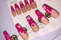 Valentines Day set. French tip design with nude base and hot pink and light pink hearts of different shapes and stars