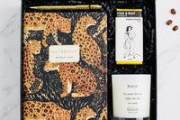 The on the prowl box- featuring artistic journal and gold pen by Bruno Visconti, coffee candle and Hazlenut chocolate 