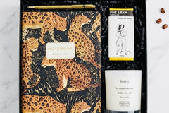 The on the prowl box- featuring artistic journal and gold pen by Bruno Visconti, coffee candle and Hazlenut chocolate 