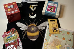 July kit which was bee themed.  Includes a brooch needle felting kit, biscoff flavoured brownies, bee keyring and more.