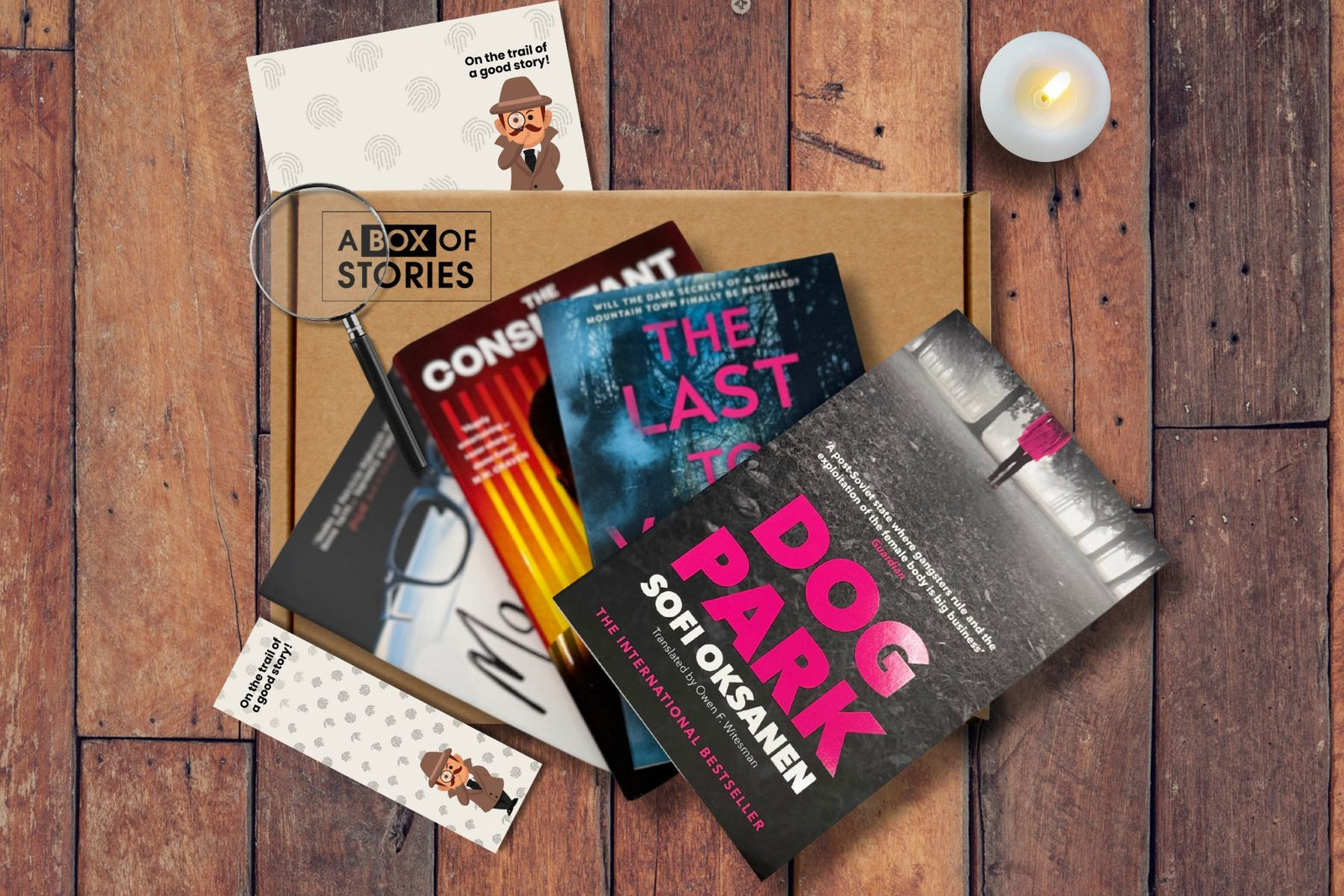 Brown box filled with crime thriller books, showcasing a variety of gripping titles and intriguing covers, perfect for mystery lovers.