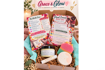 Grace & Glow girls subscription box with handmade soap, lip balm, and faith-based parent-daughter activity cards.