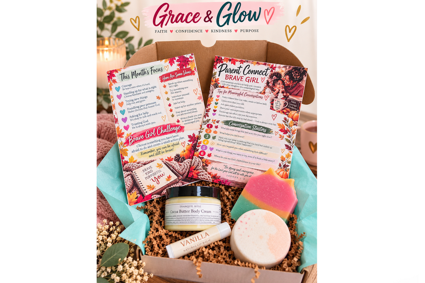 Grace & Glow girls subscription box with handmade soap, lip balm, and faith-based parent-daughter activity cards.