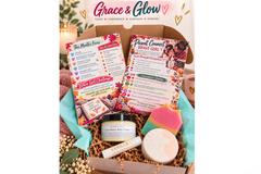 Grace & Glow girls subscription box with handmade soap, lip balm, and faith-based parent-daughter activity cards.