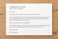 Excerpt from the first Letters From Napa letter, sharing a local’s memories of grape harvest and the aromas of wine country.