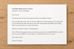 Excerpt from the first Letters From Napa letter, sharing a local’s memories of grape harvest and the aromas of wine country.