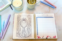 Christian journal planner subscription scripture memory coloring page candle Bible highlighters lemon tea