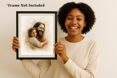 Hands holding an 8x10 print of Jesus walking on water during a storm, alongside a June Olive Branch Art Series devotional card