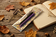 Two pens, black and purple, in a clear pouch resting on an open journal, with autumn leaves and acorns on a wood table.