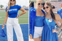 Split photo of women in blue outfits at a football stadium wearing the Game Day stackable friendship bracelet set with blue beaded bracelets