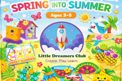Branded image of the Little Dreamers Club Summer Craft Box and select crafts included in the box for ages 3-5.