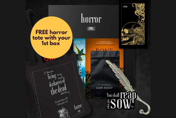 Black box with three horror books, tarot card, coffee brew and goodie. Text - Free horror tote with your first box