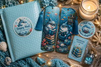 Cute ocean-themed bookmark subscription featuring two shark reading bookmarks, a matching shark sticker, blue happy mail package, and a book