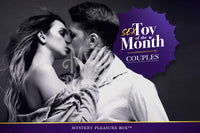 Couple kissing passionately with text: “Sex Toy of the Month – Couples” by Mystery Pleasure Box™. A monthly surprise for two.