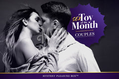 Couple kissing passionately with text: “Sex Toy of the Month – Couples” by Mystery Pleasure Box™. A monthly surprise for two.