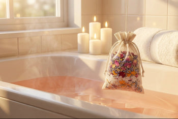 ILUVNIKI luxury bath ritual sachet steeping in bathtub with peachy pink water and lavender botanicals