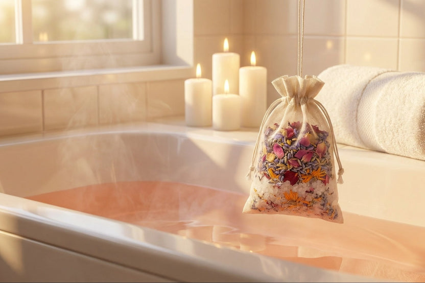 ILUVNIKI luxury bath ritual sachet steeping in bathtub with peachy pink water and lavender botanicals
