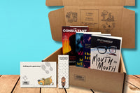 Brown box filled with crime thriller books, showcasing a variety of gripping titles and intriguing covers, perfect for mystery lovers.