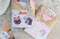 Blind date with a book wrapped in color papers with annotation supplies, bookmarks, book log, bookish stickers and sticker tabs