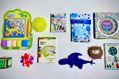 School box sensory toys, pin print, squish donuts, glow ball, stretch noodles, butter putty, sketch tablet, arctic friends box, fidgets