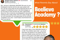 2 Parent honest testimonials praising Beelieve Academy's online preschool program and teacher dedication.