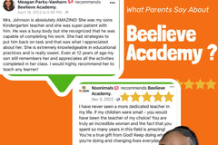 2 Parent honest testimonials praising Beelieve Academy's online preschool program and teacher dedication.