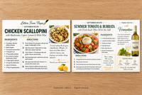 September recipe card samples featuring Chicken Scallopini and Summer Tomato & Burrata, with instructions and wine pairing suggestions.