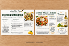 September recipe card samples featuring Chicken Scallopini and Summer Tomato & Burrata, with instructions and wine pairing suggestions.