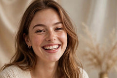 model shown is laughing with cream themed attire with a glowing face giving the i use glowing skincare effect. 