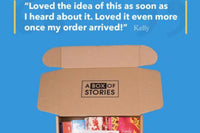 Brown subscription box filled with four fantasy novels, featuring magical worlds and adventurous plots for fans of imaginative storytelling