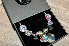 Vintage Lilo And Stitch V-Day Charming Silver Charm Bracelet w/ 9 Sapphire Embellished Charms