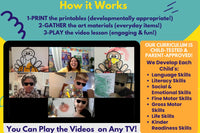 Flyer showcasing an affordable online preschool digital curriculum with sensory bins and video lessons.
