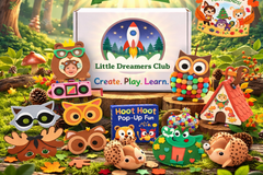 Branded image of the Little Dreamers Club Woodland Animals Adventure Craft Box and select crafts included in the box for ages 3-5