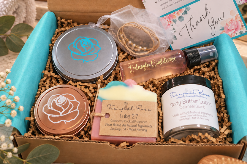 Tranquil Rose spa gift box featuring handcrafted soaps, body care, botanical products and elegant packaging for self-care.