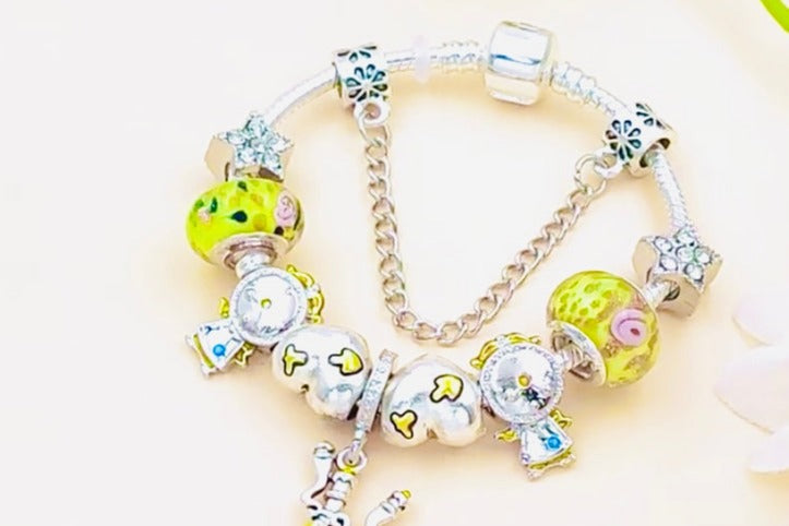 Very Rare Classic Silver Cubic Zirconia The Beauty & The Beast Charm Bracelet, Pandora Inspired Gifts For Her For Christmas Or Birthday