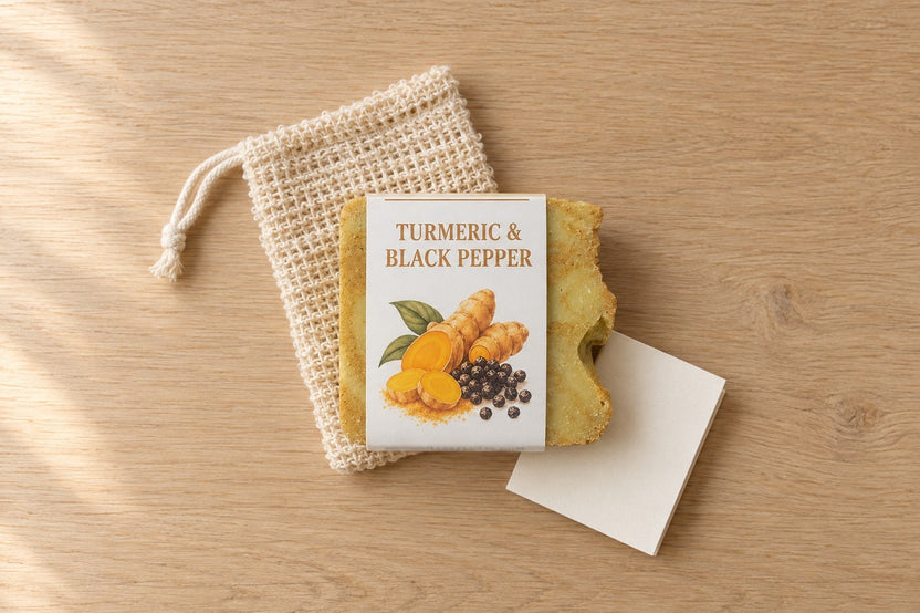 One month of the Soap of the Month Club: a Turmeric & Black Pepper tallow bar in its paper label, a sisal soap saver bag and a note card