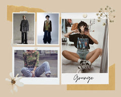 examples of our grunge style on models sitting down and standing up wearing denim, t-shirts and oversized layers