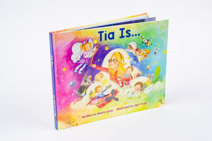 The 'Tía Is...' book displayed with its colorful cover, introducing the gentle world of Tía through warm illustrations and a heartfelt story