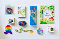 School box sensory toys, pin print, squish donuts, glow ball, stretch noodles, butter putty, sketch tablet, arctic friends box, fidgets